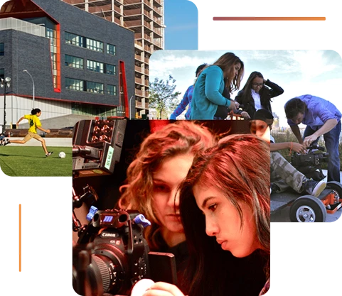 Collage of TvF students filming on set and outdoors, and the Hunters Point Campus building